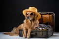 Golden retriever dons hat, sunglasses, suitcase, ticket in studio, white backdrop