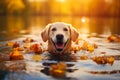 Golden Retriever Embracing Autumn: Swimming in Maple-Laden Waters. Royalty Free Stock Photo