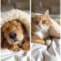 Golden Retriever and Ginger Cat Enjoying Cozy Nap, A heartwarming side-by-side image of a golden retriever and a ginger cat taking Royalty Free Stock Photo