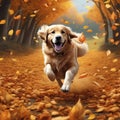 A golden retriever happily runs along a leaf-covered path in a fall park