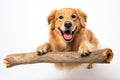 a golden retriever is holding onto a large piece of wood