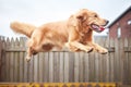 golden retriever jumping over a wooden fence Royalty Free Stock Photo