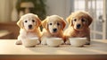 Golden retriever and labrador puppies eating from bowl in kitchen with copy space