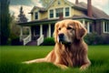 Golden retriever lies on the lawn against the background of a typical American house. AI generated.