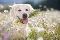 Golden Retriever in a lush mountain meadow Royalty Free Stock Photo