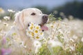 Golden Retriever in a lush mountain meadow Royalty Free Stock Photo