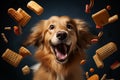 golden retriever with mouth open catching falling treats against a dark background