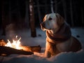 Golden retriever pet dog near a campfire on snow ground in winter season