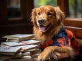 Golden retriever postman delivering letters with Canon camera