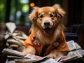 Golden retriever postman delivering letters with Canon camera