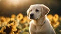 golden retriever puppy An affectionate Labrador puppy sitting in a field of sunflowers, with a gentle breeze blowing through