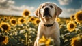 golden retriever puppy An affectionate Labrador puppy sitting in a field of sunflowers, with a gentle breeze blowing through