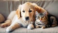 Golden retriever puppy cuddeling with cute cat kitty on a cozy sofa