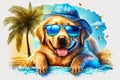 Golden Retriever Puppy Dog Character Is Lying On The Beach And Wearing A Cool Blue Cap And Sunglasses - Generative AI Royalty Free Stock Photo