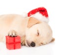 Golden retriever puppy dog with gift and santa hat. isolated Royalty Free Stock Photo