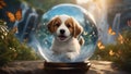 golden retriever puppy highly intricately detailed photograph of running with happy puppy inside a crystal ball