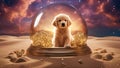 golden retriever puppy outdoors on a sunny day in a snow globe with glitters Royalty Free Stock Photo