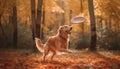 Golden retriever puppy playing in autumn forest generated by AI Royalty Free Stock Photo