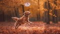 Golden retriever puppy playing in autumn forest generated by AI Royalty Free Stock Photo