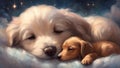 golden retriever puppy Sleeping newborn baby alongside a dachshund puppy. Royalty Free Stock Photo