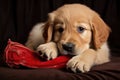 golden retriever puppy with a slipper in its mouth, ready to play Royalty Free Stock Photo