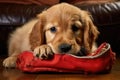 golden retriever puppy with a slipper in its mouth, ready to play Royalty Free Stock Photo