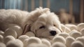 golden retriever puppy A snoozing puppy with a comical sleep mask, lying on a bed of oversized marshmallows,