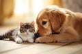 Golden retriever puppy and tabby kitten lying on the floor, Cute cat and golden retriever dog playing together at home, AI Royalty Free Stock Photo