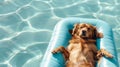 Golden retriever relaxing on a blue inflatable mattress