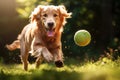 Golden Retriever running with a tennis ball in its mouth, Golden Retriever dog playing with a ball in the garden, AI Generated Royalty Free Stock Photo