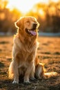 Golden retriever sits in field of grass with its tongue hanging out enjoying the sunset. Generative AI Royalty Free Stock Photo