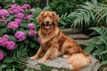 Golden Retriever sitting on rock near purple flowers Royalty Free Stock Photo