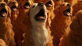 A golden retriever soloist belting out an emotional ballad as her fellow dog choir members provide backup vocals with