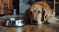Golden Retriever waiting patiently by an empty food bowl Royalty Free Stock Photo