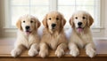 Golden retrievers and labradors on defocused white kitchen with copy space for text