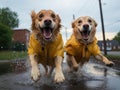 Golden retrievers in raincoats splash in puddles