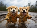 Golden retrievers in raincoats splash in puddles