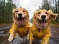 Golden retrievers in raincoats splash in puddles