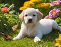 Golden Retriver puppy in Garden with flowers and greener Grass, Generative AI Royalty Free Stock Photo