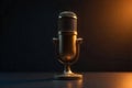 A golden retro microphone on a dark background ready for recording audio. Generative AI Royalty Free Stock Photo