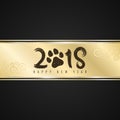 Golden ribbon banner on a dark background with a pattern in the form of a grid with the inscription 2018 year of the dog. Realisti Royalty Free Stock Photo