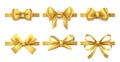 Golden ribbon bow. Holiday gift decoration, valentine present tape knot, shiny sale ribbons collection. Vector gold bows