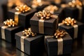 Golden ribbons grace Black Friday gift boxes, showcased from the front