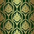 Golden rich floral damask Wallpaper on green.