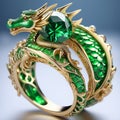 Golden ring with green emerald and dragon on a blue background. Symbol of new year 2024