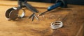 Workplace of a jeweler and Golden Ring Royalty Free Stock Photo