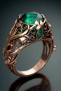 Golden ring with a large emerald and on a black background