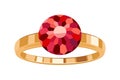 Golden ring with round ruby icon symbol isolated