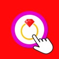 Golden ring with ruby icon. Expensive gift concept. Hand Mouse Cursor Clicks the Button