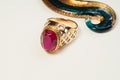 Golden ring with the ruby. jewelry background Royalty Free Stock Photo